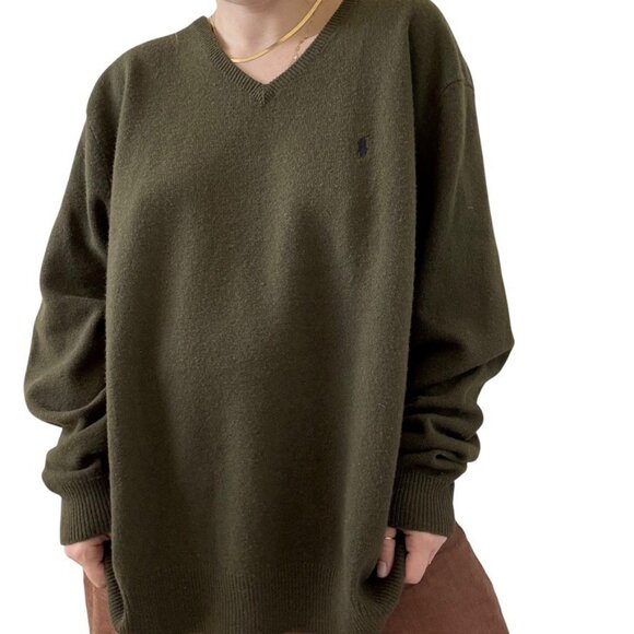Vintage 1990s Polo Ralph Lauren Olive Green 100% Lambs Wool V Neck Sweater 4XL - Picture 6 of 8